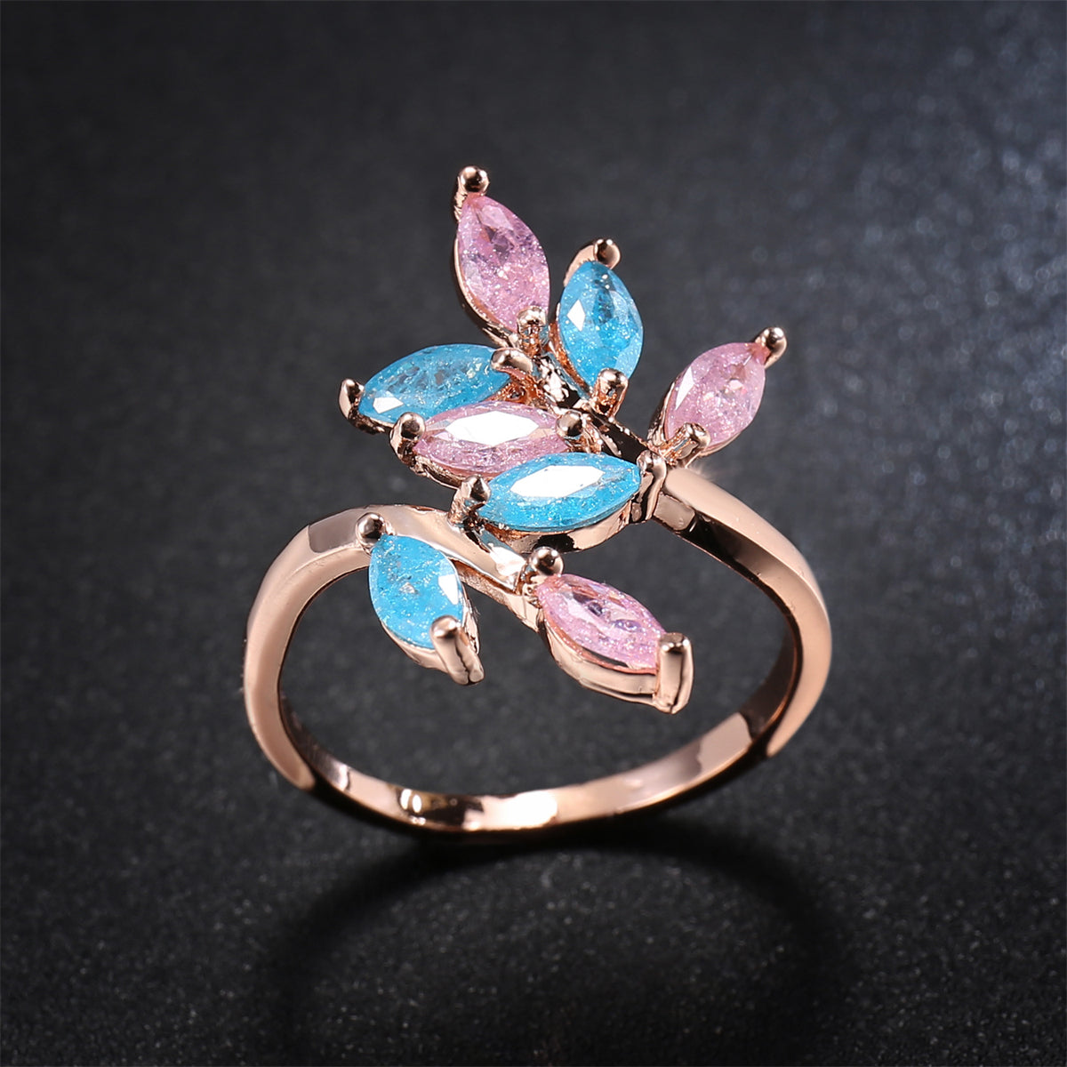 Pink & Blue Crystal 18K Rose Gold-Plated Leaves Bypass Ring