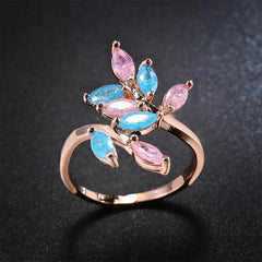 Pink & Blue Crystal 18K Rose Gold-Plated Leaves Bypass Ring