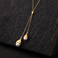 Imitation Pearl & Goldtone Double Drop Pendant Necklace
