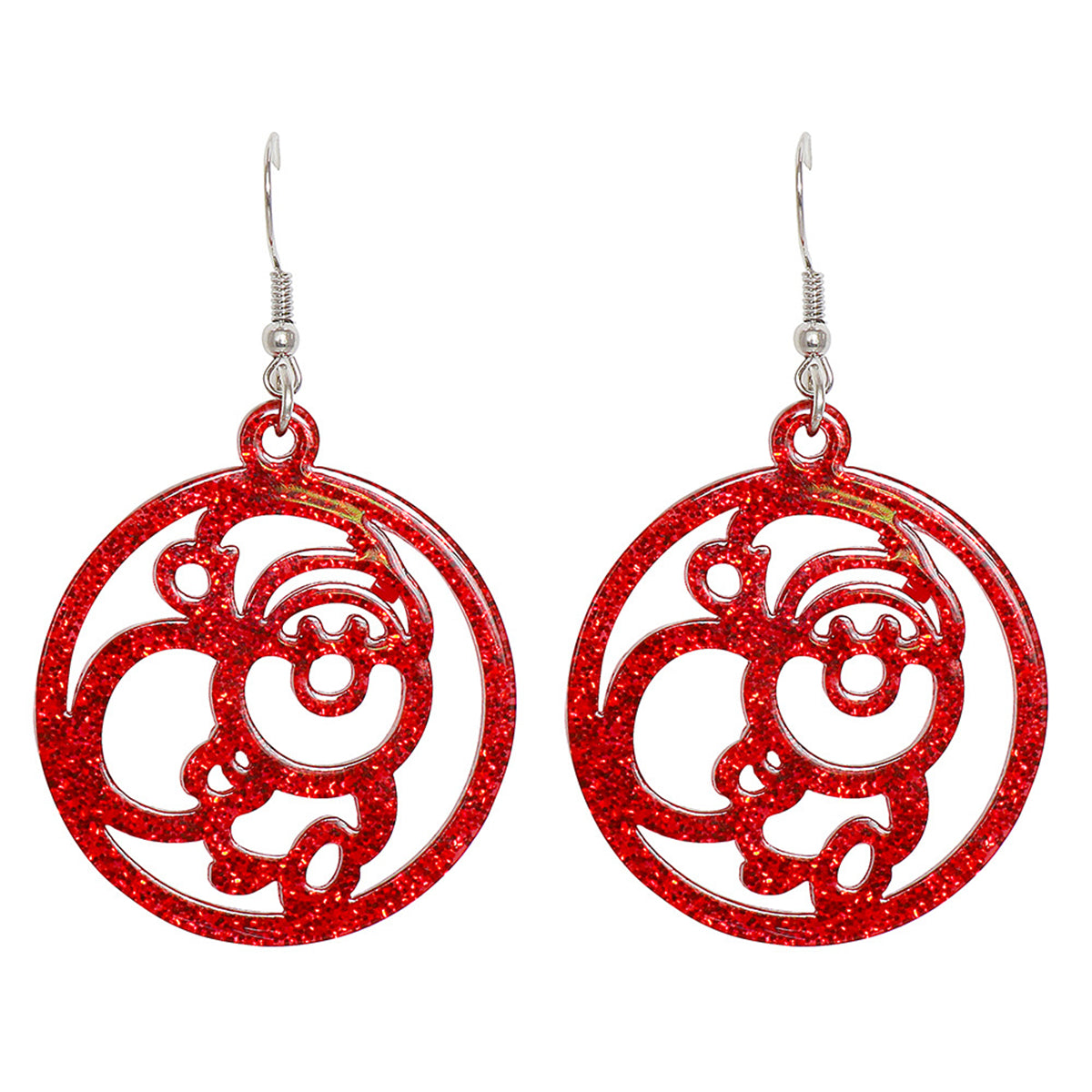 Red Acrylic and Silver-Plated Glitter Openwork Santa Round Drop Earrings, silver drop earrings for women, front view