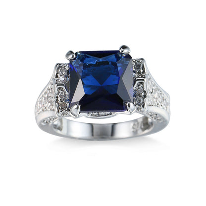 Navy Crystal and Cubic Zirconia Princess-Cut Cocktail Ring, statement rings for women, elegant gift for her, front view