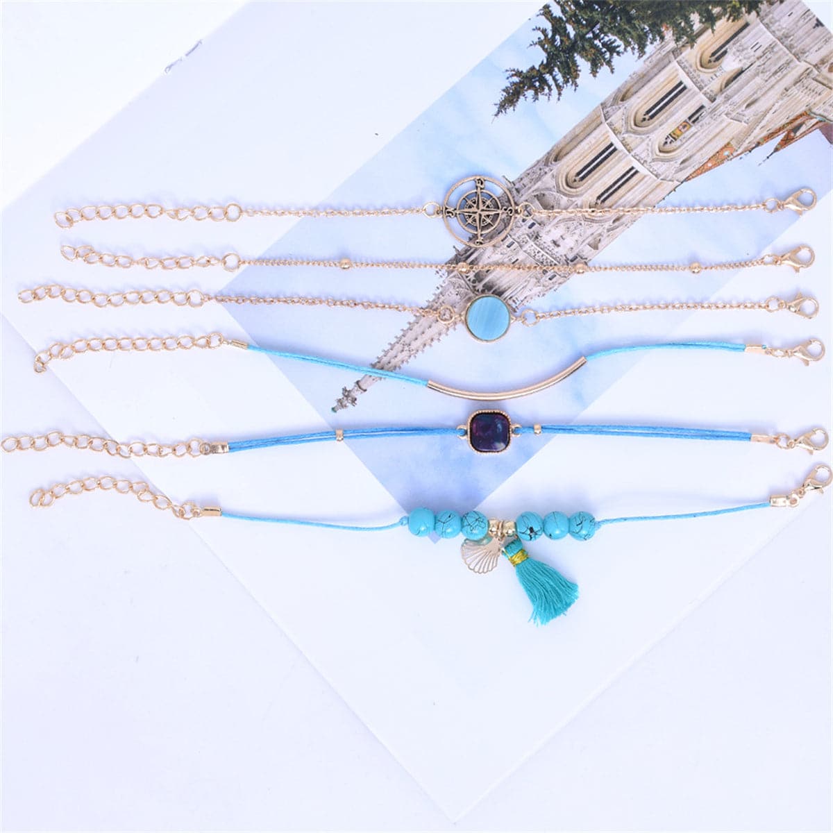 Turquoise and Polyster 18K Gold-Plated Shell Bracelet Set, jewelry gift sets for women, vintage-inspired design, side view