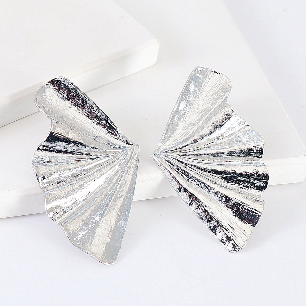Silver-Plated Fan Stud Earrings, silver stud earrings for women, everyday style, detail close-up