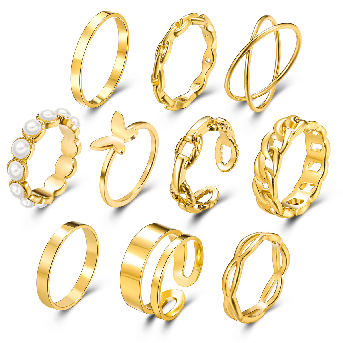 Pearl and 18K Gold-Plated Butterfly Link Band Ring Set, gold statement rings for women, everyday style, side view