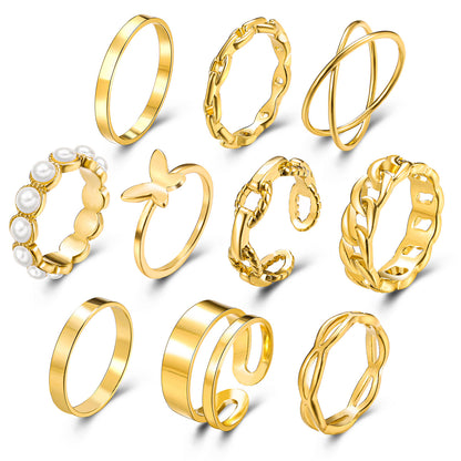 Pearl and 18K Gold-Plated Butterfly Link Band Ring Set, gold statement rings for women, everyday style, side view