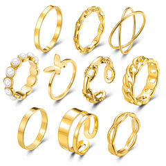 Pearl & 18K Gold-Plated Butterfly Link Band Ring Set