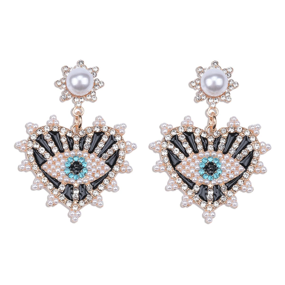 Black & Cubic Zirconia Eye In Heart Drop Earrings
