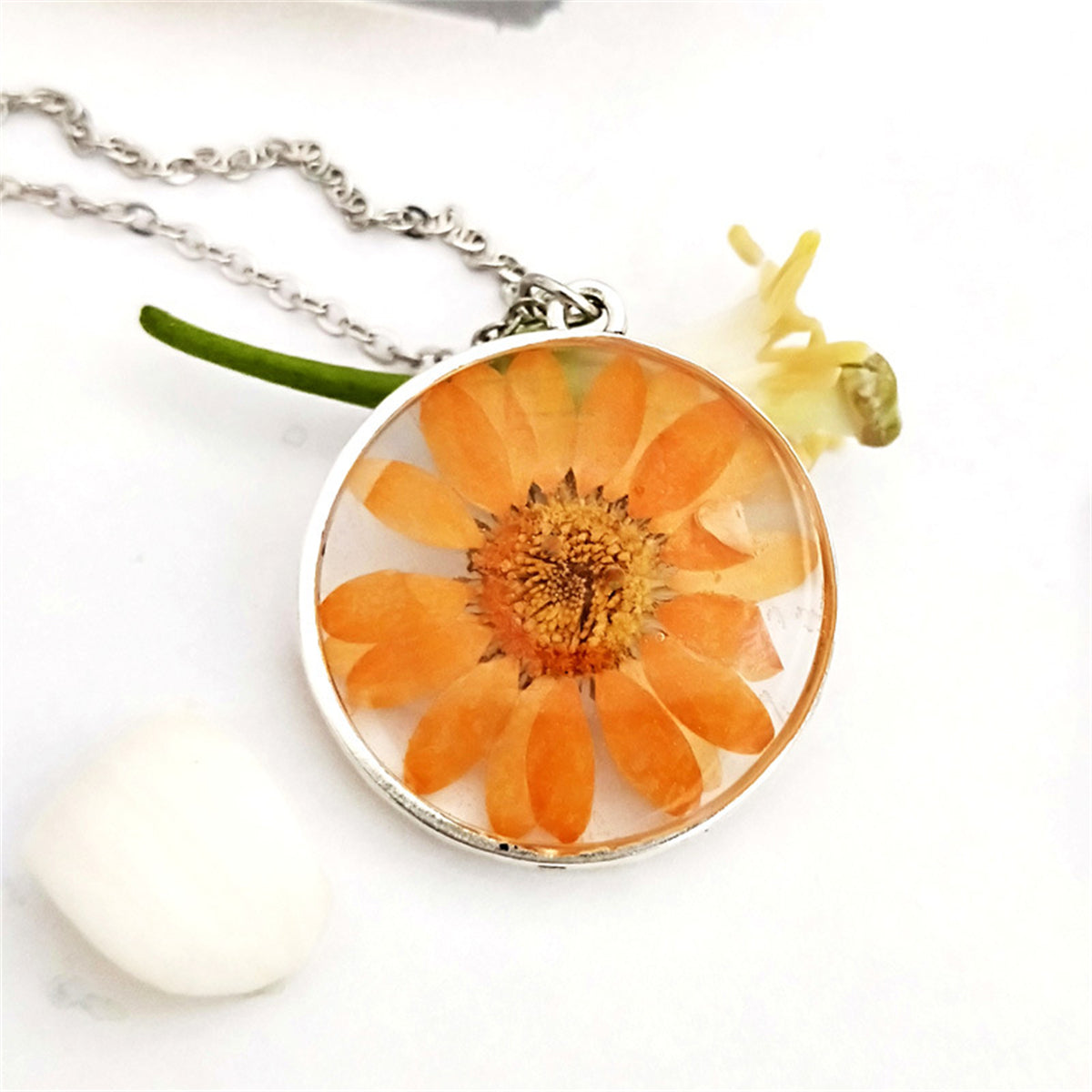 Orange Pressed Mum and Silver-Plated Round Pendant Necklace, silver pendant necklace for women, front view