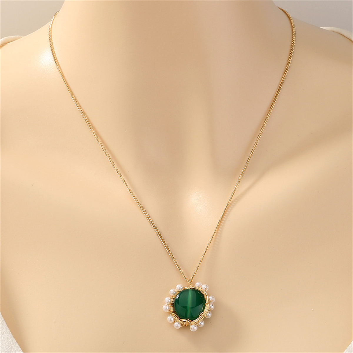 Green Crystal and Pearl 18K Gold-Plated Flower Pendant Necklace, gold pendant necklace for women, everyday style, side view