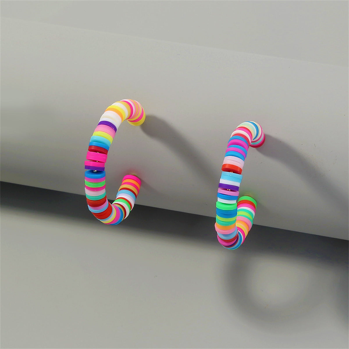 Rainbow Polymer Clay and 18K Gold-Plated Hoop Earrings, botanical inspired, detail close-up