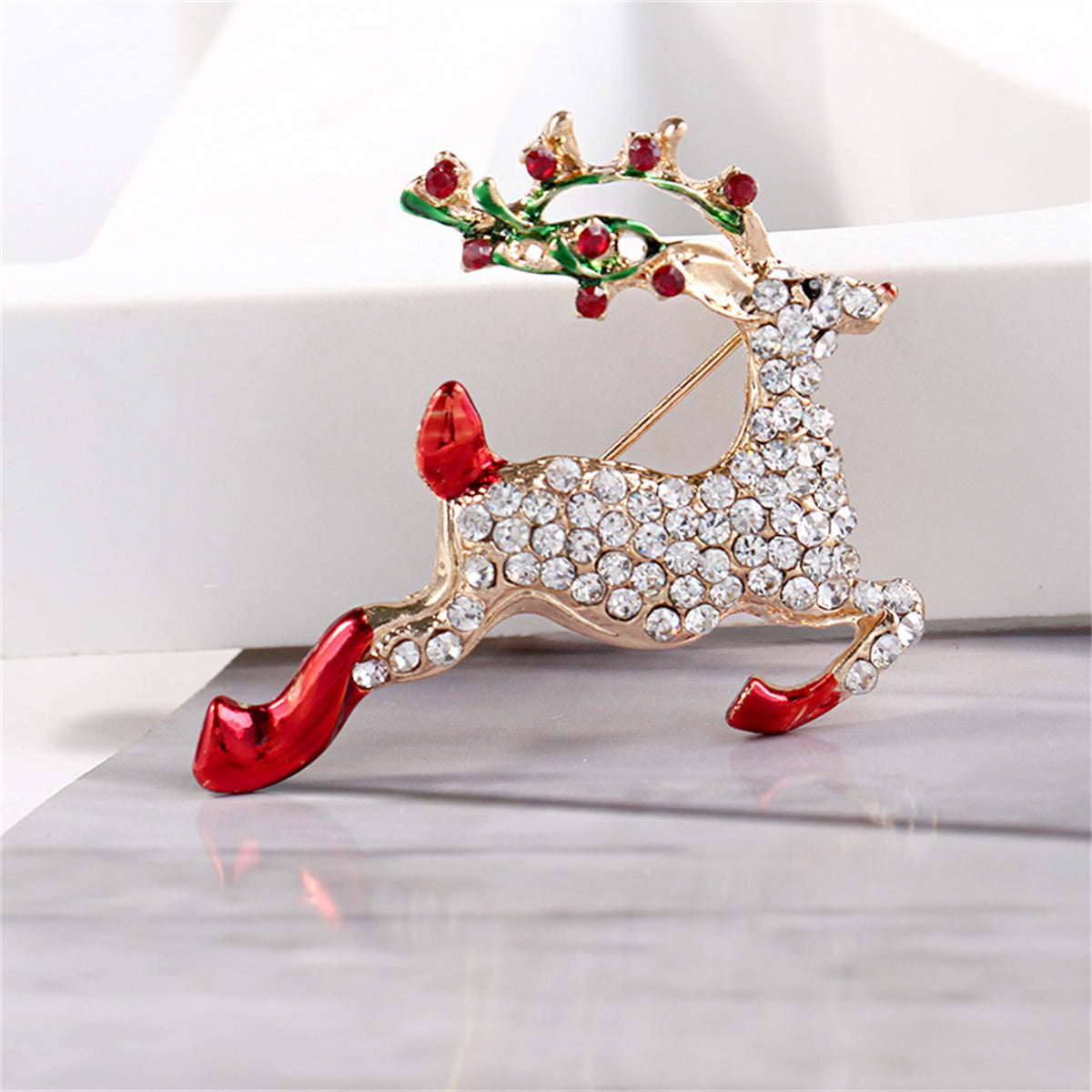 Colored Enamel and Cubic Zirconia 18K Gold-Plated Reindeer Brooch, gold brooch pin, everyday style, lifestyle look