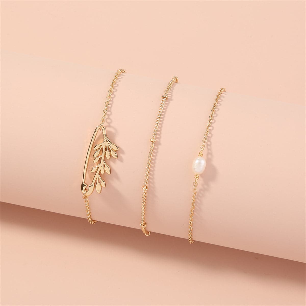 Pearl and 18K Gold-Plated Branch Charm Bracelet Set, jewelry gift sets for women, dainty minimalist design, side view
