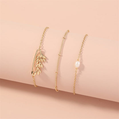 Pearl and 18K Gold-Plated Branch Charm Bracelet Set, jewelry gift sets for women, dainty minimalist design, side view