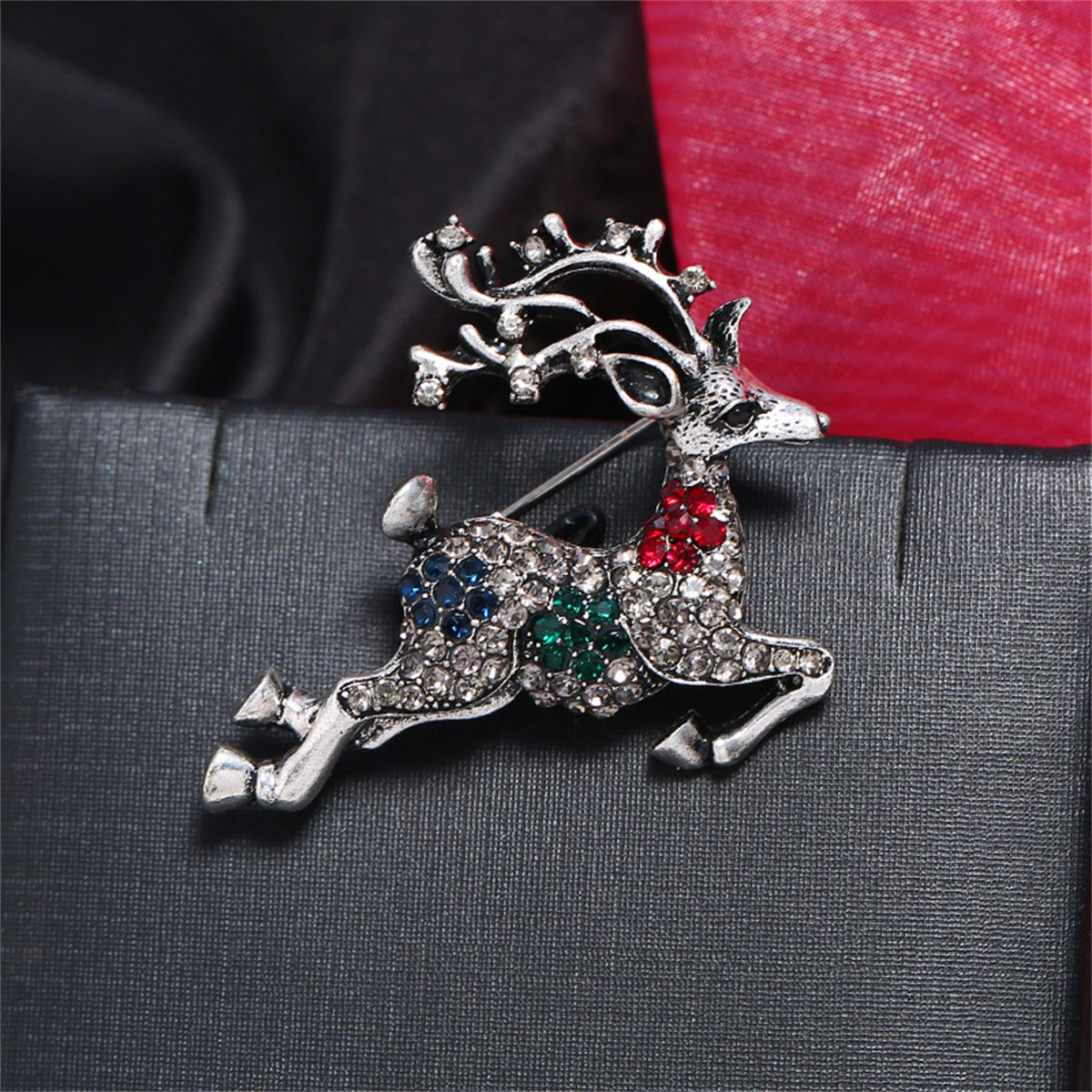 Cubic Zirconia and Silver-Plated Reindeer Brooch, silver brooch pin, botanical inspired, side view