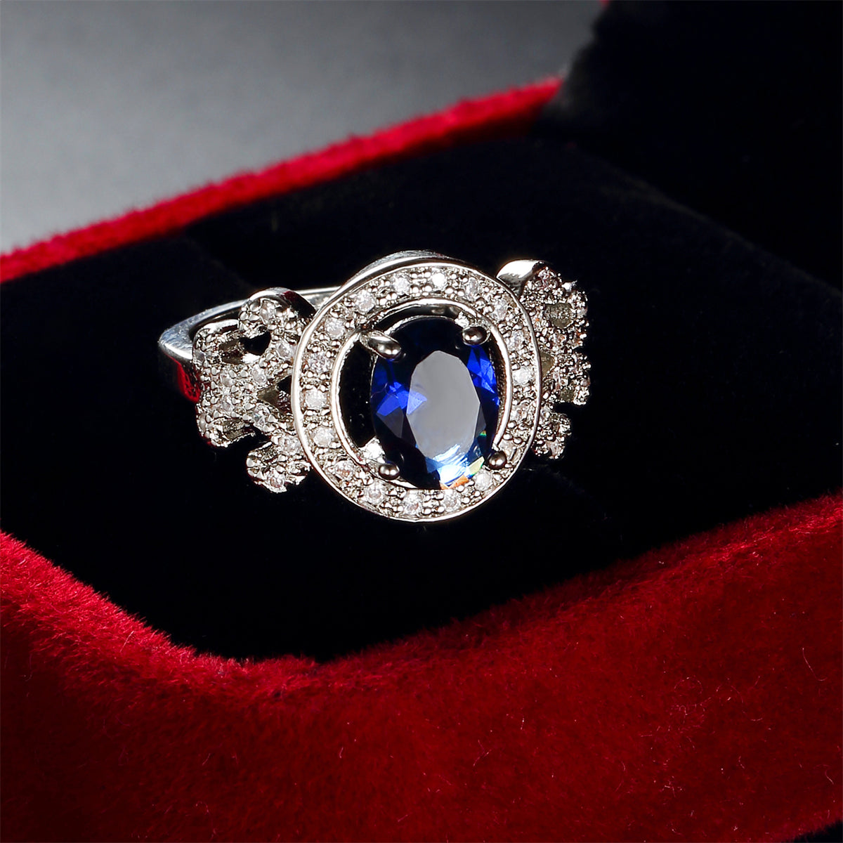 Navy Crystal and Cubic Zirconia Halo Butterfly Ring, statement rings for women, dainty minimalist design, detail close-up