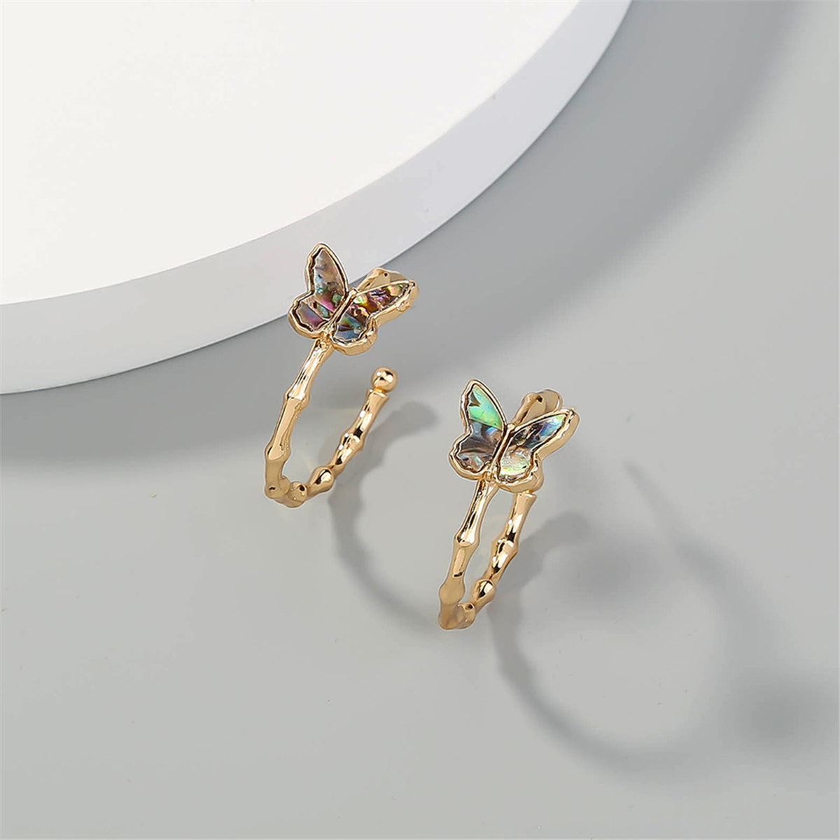 Abalone and 18K Gold-Plated Bamboo Butterfly Open Hoop Earrings, gold stud earrings for women, front view