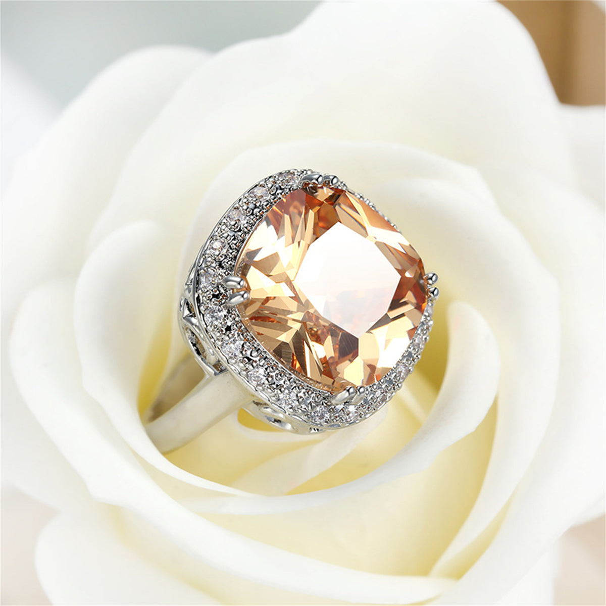 Champagne Crystal & Cubic Zirconia Halo Cushion-Cut Ring