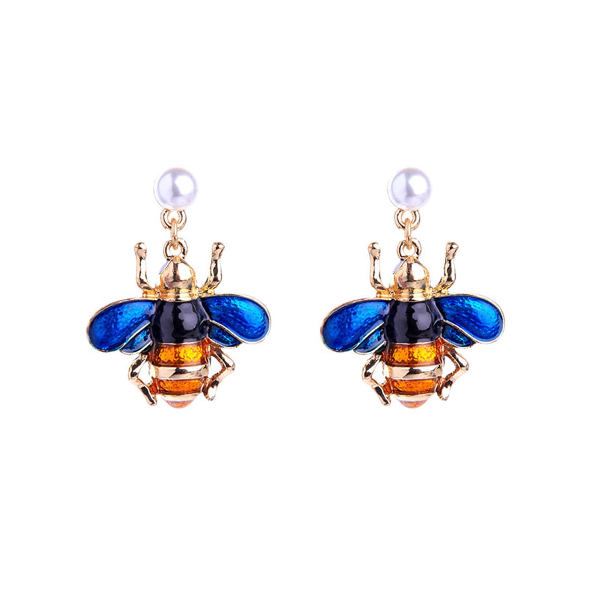 Pearl & Blue Enamel 18K Gold-Plated Bee Drop Earrings