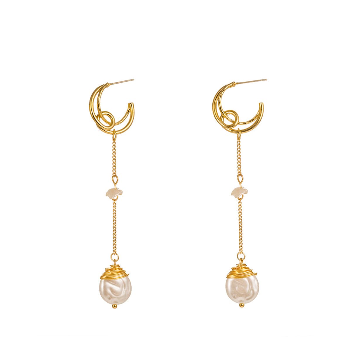 Pearl and 18K Gold-Plated Crescent Linked Drop Earrings, gold drop earrings for women, dainty minimalist design, front view