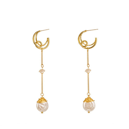 Pearl and 18K Gold-Plated Crescent Linked Drop Earrings, gold drop earrings for women, dainty minimalist design, front view