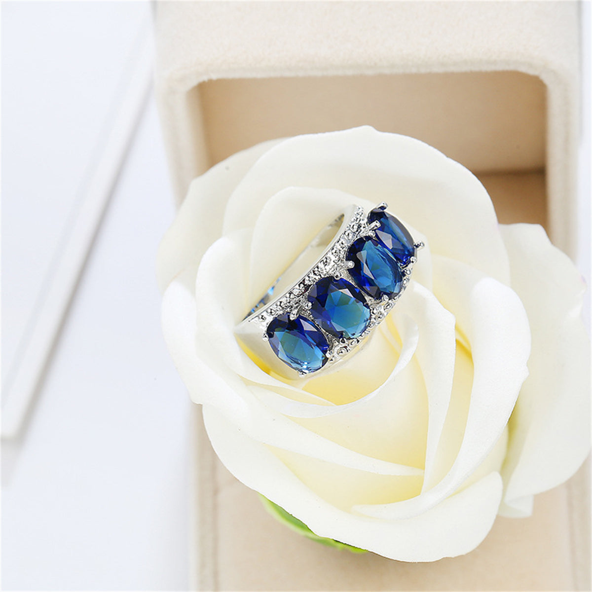 Navy Crystal and Silver-Plated Four-Stone Prong-Set Ring, silver statement rings for women, detail close-up
