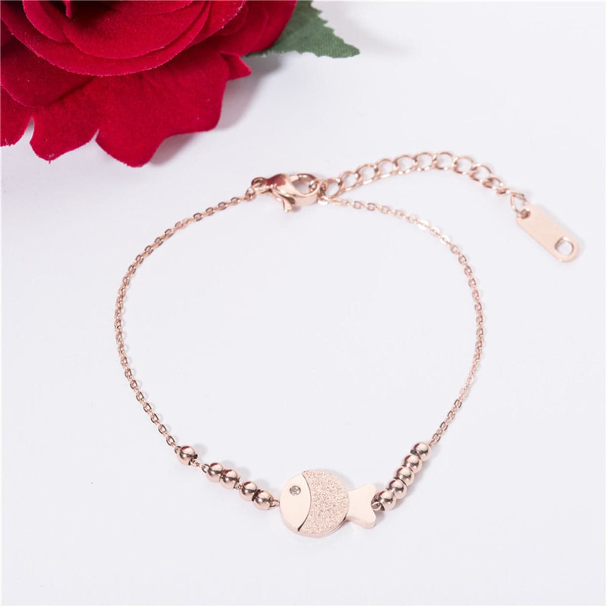18K Rose Gold-Plated Frosted Fish and Bead Anklet, rose gold anklet bracelet, elegant gift for her, detail close-up