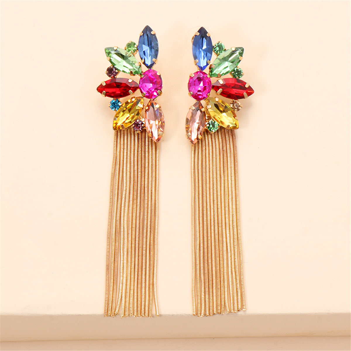 Multicolor Crystal and Cubic Zirconia 18K Gold-Plated Botany Tassel Drop Earrings, gold drop earrings for women, side view