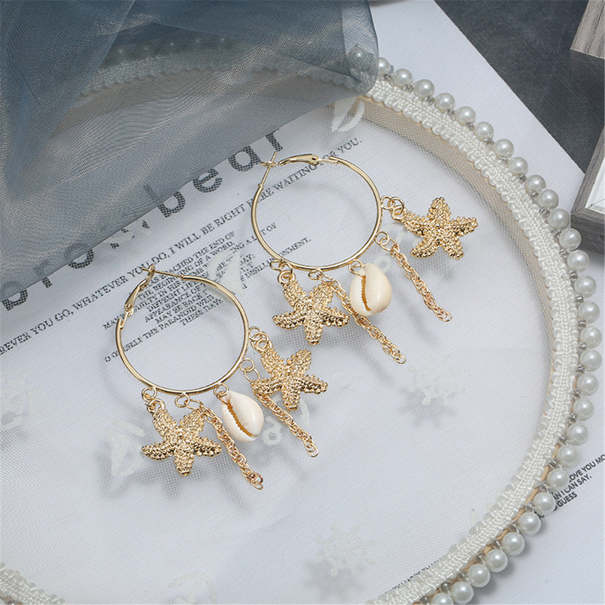 18K Gold-Plated Star and Shell Charm Hoop Earrings, gold drop earrings for women, vintage-inspired design, lifestyle look
