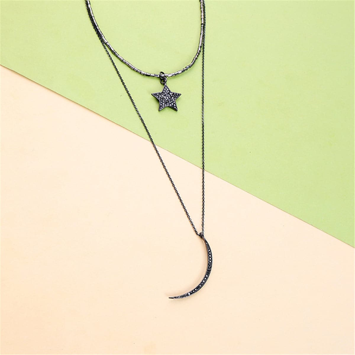 Black Cubic Zirconia & Gunmetal-Tone Moon & Star Layered Necklace