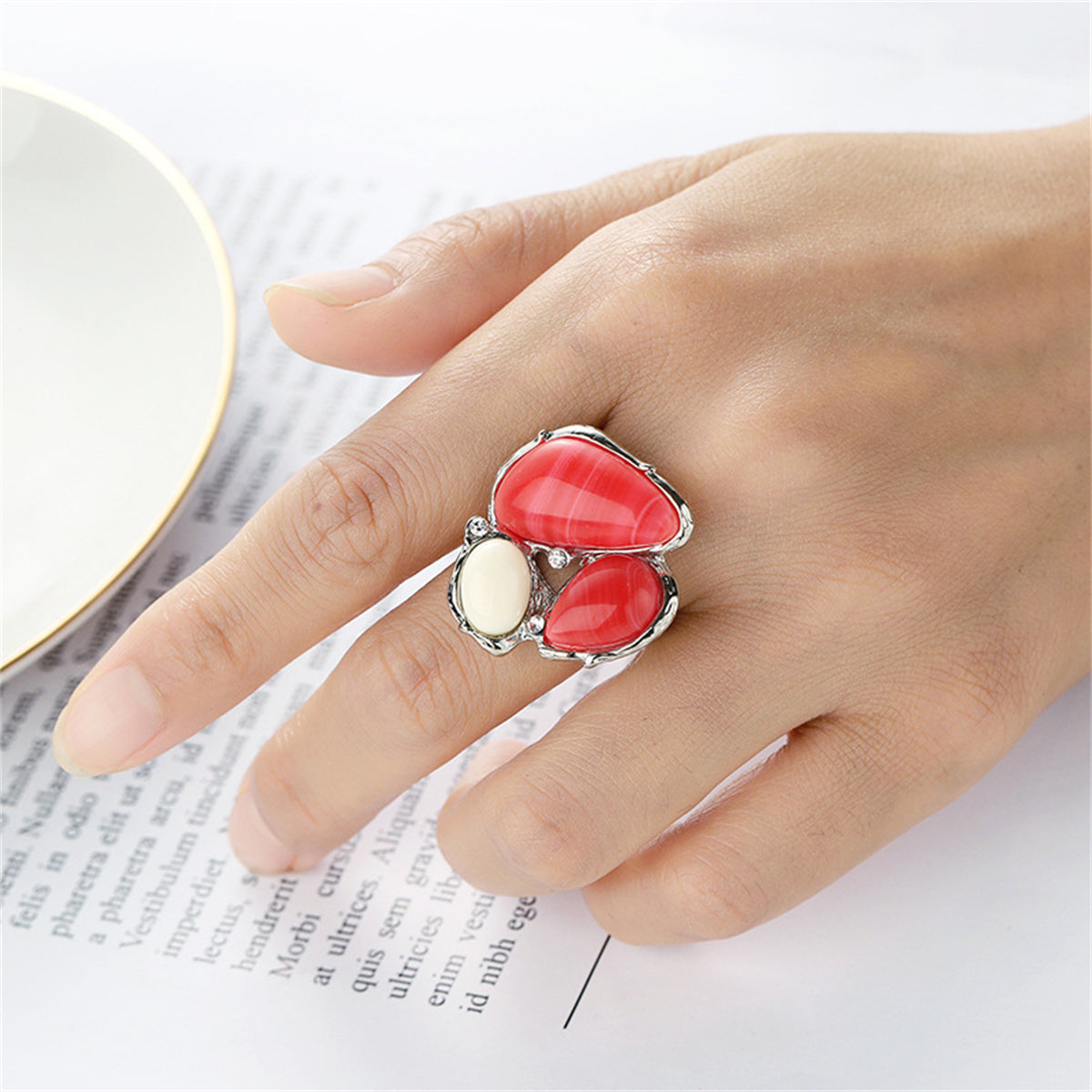 Red and Cream Cats Eye Abstract Ring, statement rings for women, everyday style, lifestyle look