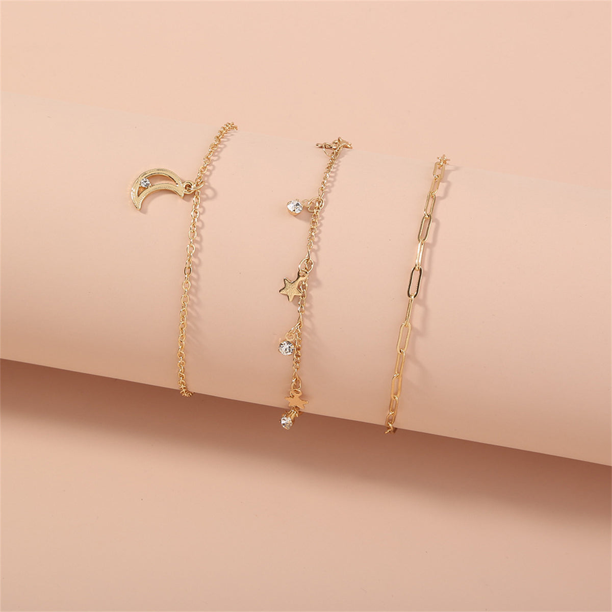 Cubic Zirconia and 18K Gold-Plated Celestial Bracelet Set, jewelry gift sets for women, dainty minimalist design, side view
