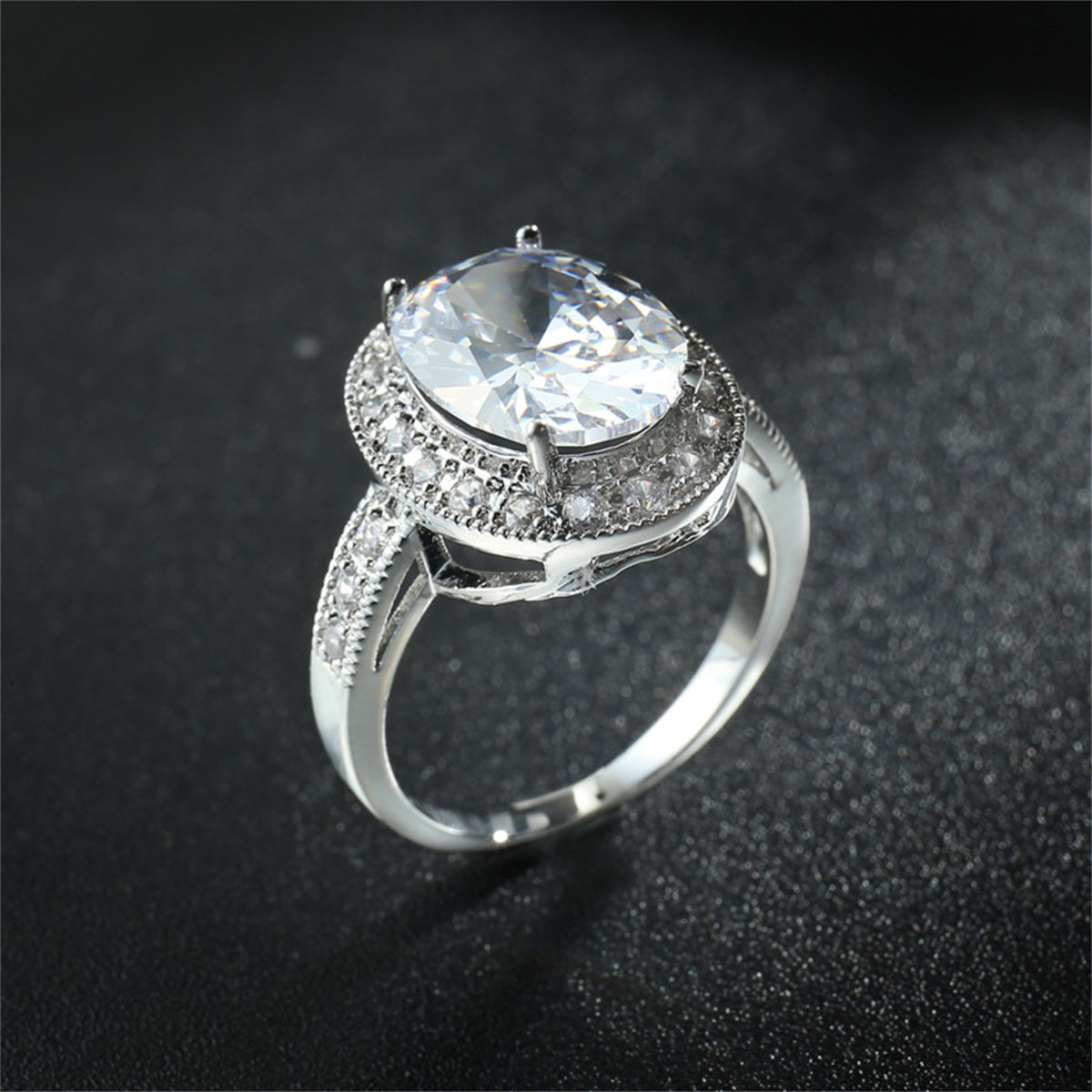 Crystal and Cubic Zirconia Silver-Plated Halo Oval-Cut Ring, silver statement rings for women, detail close-up