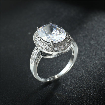 Crystal and Cubic Zirconia Silver-Plated Halo Oval-Cut Ring, silver statement rings for women, detail close-up