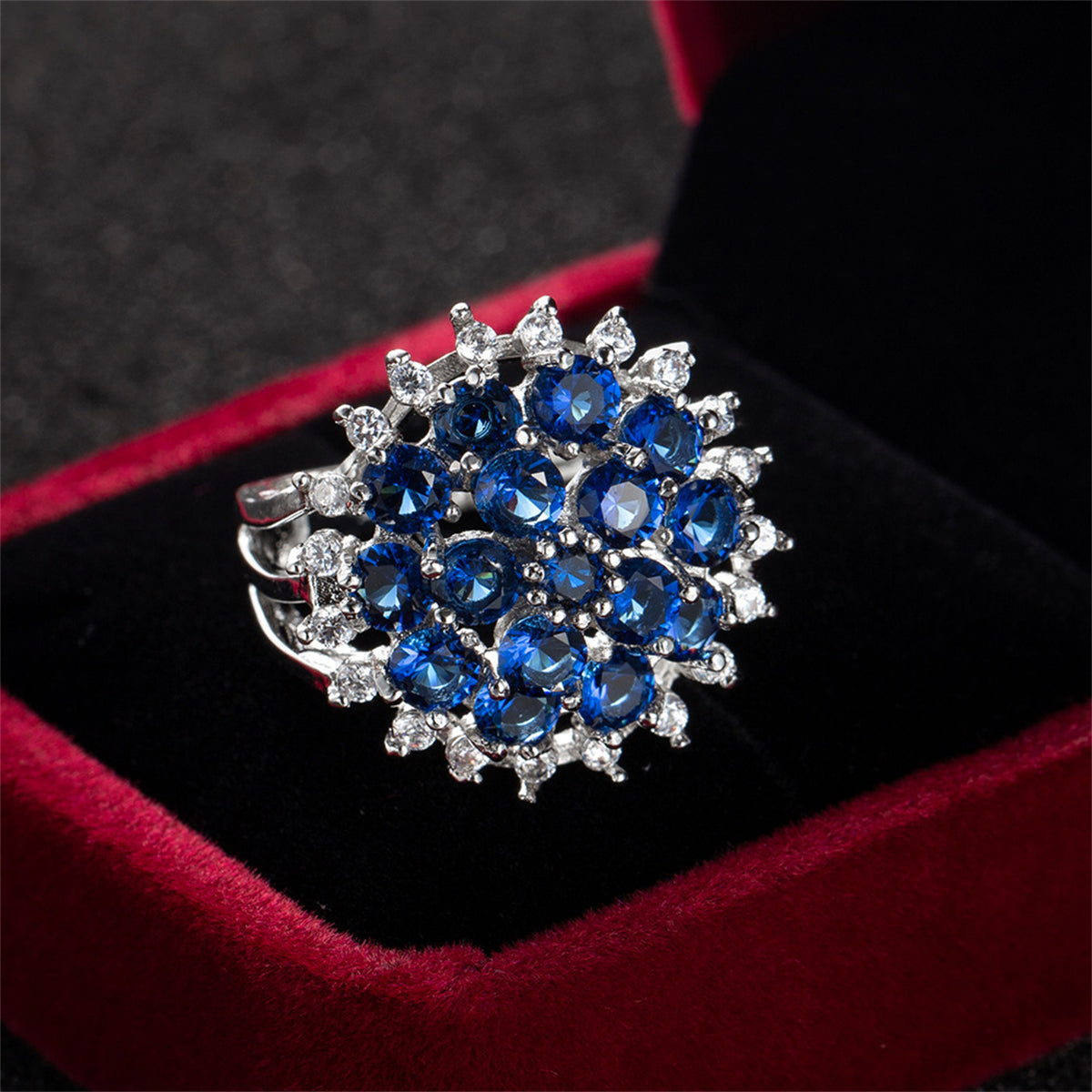 Navy Crystal and Cubic Zirconia Silver-Plated Floral Ring, silver statement rings for women, detail close-up