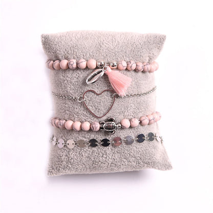Pink Turquoise and Silver-Plated Beaded Stretch Bracelet Set, jewelry gift sets for women, front view