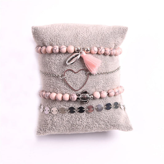 Pink Turquoise and Silver-Plated Beaded Stretch Bracelet Set, jewelry gift sets for women, front view