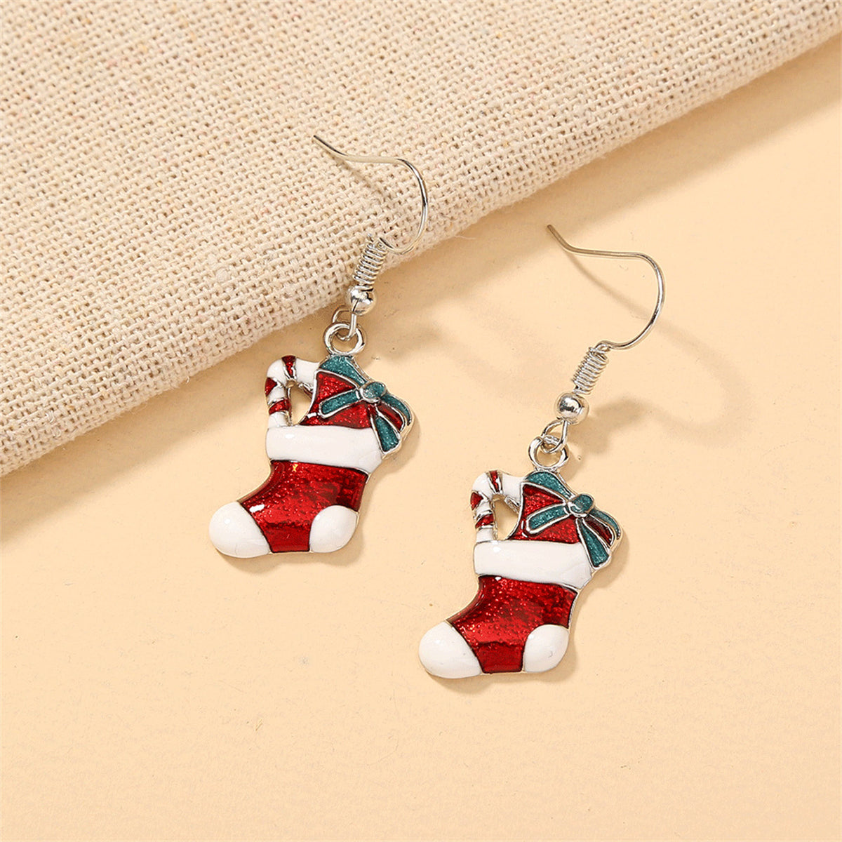 Red Enamel and Silver-Plated Stocking Drop Earrings, silver drop earrings for women, botanical inspired, side view