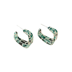Green Acrylic & Silver-Plated Mosaic Square Huggie Earring