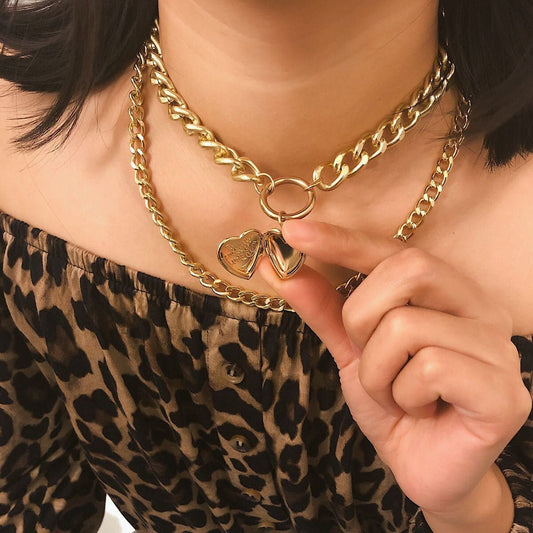 18K Gold-Plated Curb Chain Heart Locket Layered Pendant Necklace, elegant gift for her, front view