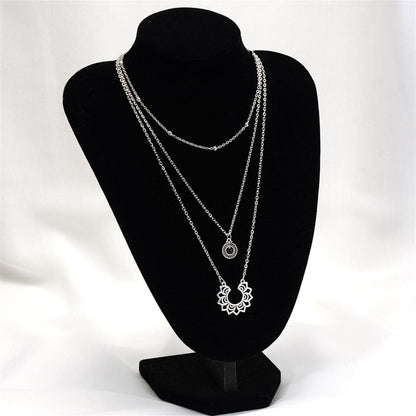 Black Resin and Silver-Plated Sunflower Layered Pendant Necklace, chunky silver choker necklace, detail close-up