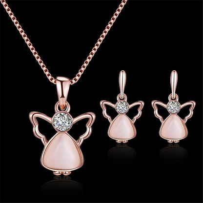 Rose Quartz and Cubic Zirconia Angel Pendant Necklace and Drop Earrings, drop earrings for women, everyday style, styled look