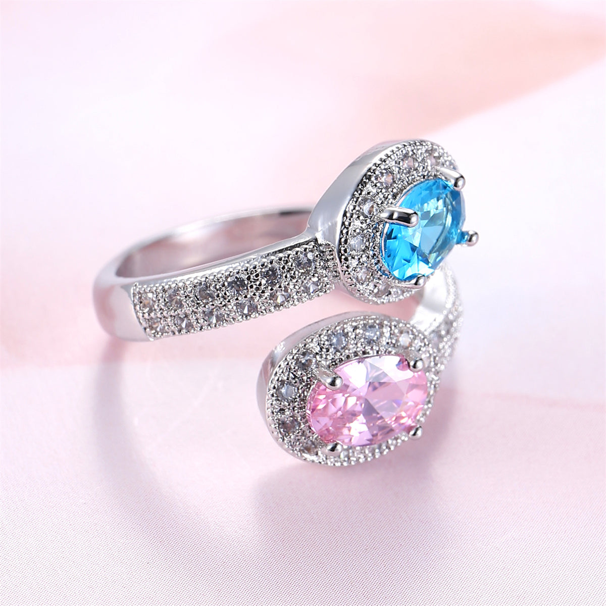 Pink and Blue Crystal Oval-Cut Bypass Ring, statement rings for women, botanical inspired, styled look
