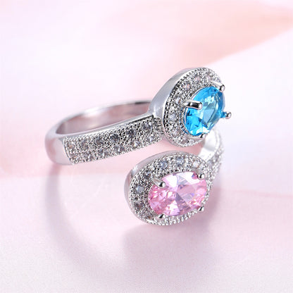 Pink and Blue Crystal Oval-Cut Bypass Ring, statement rings for women, botanical inspired, styled look