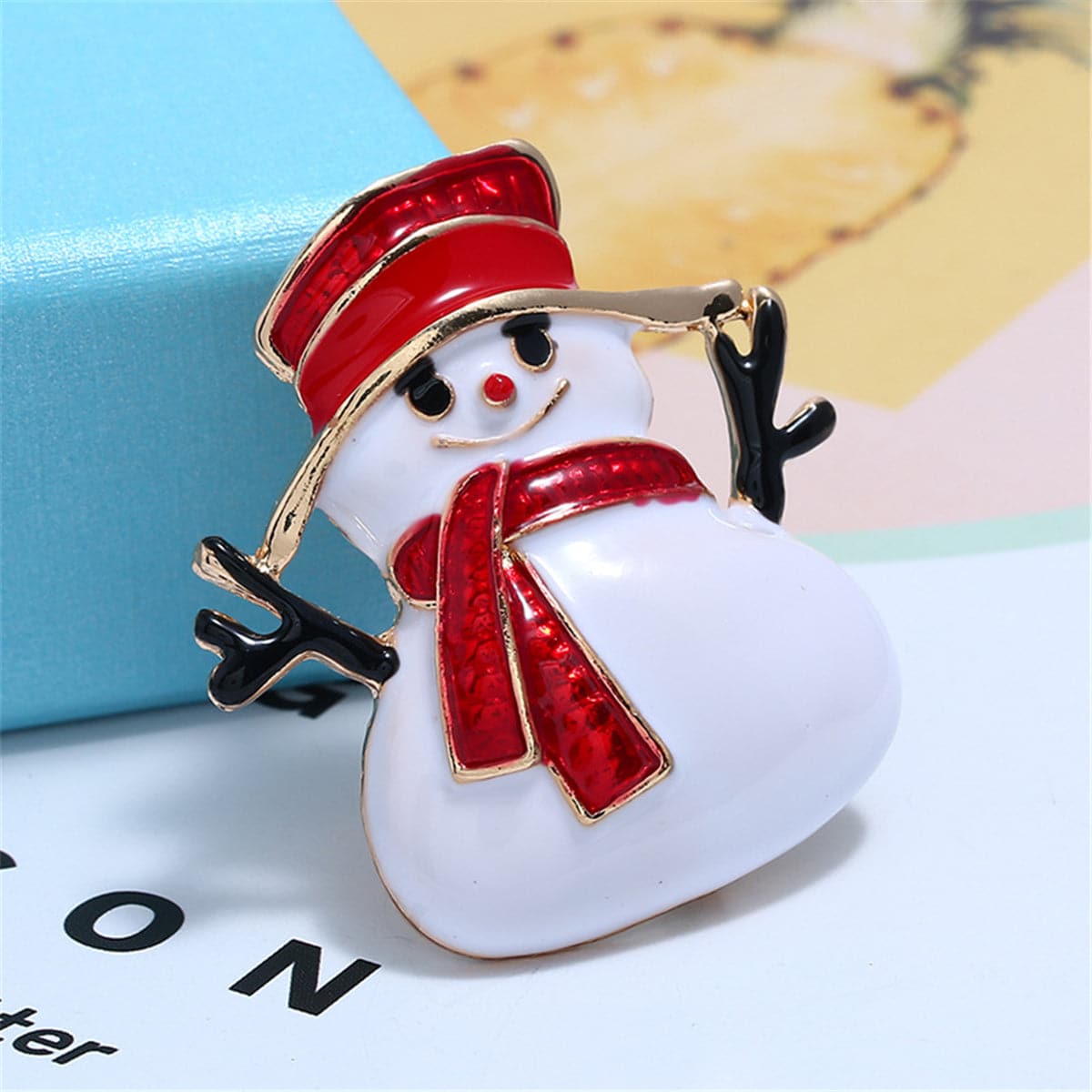 Red and 18K Gold-Plated Snowman Brooch, gold brooch pin, botanical inspired, front view