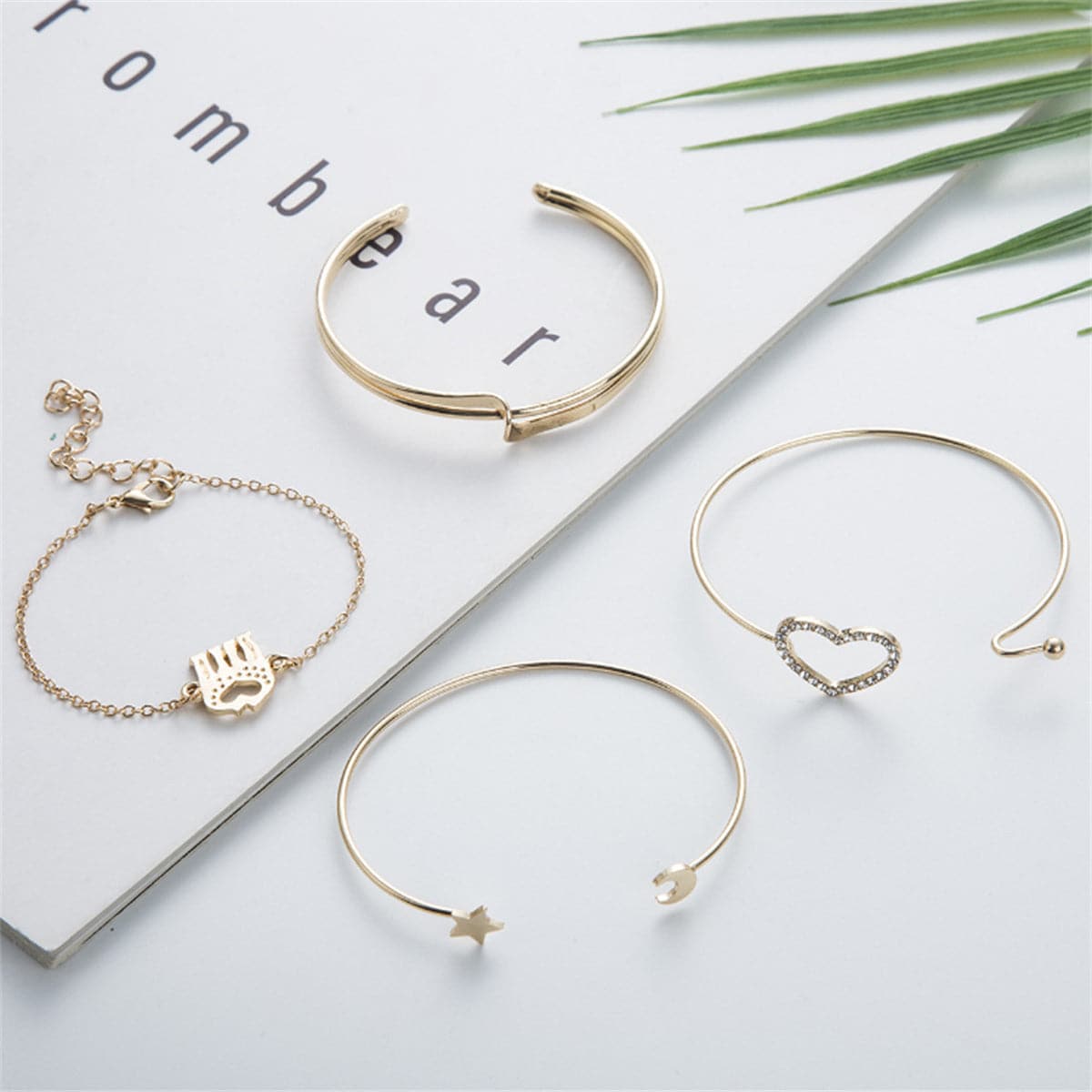 Cubic Zirconia and 18K Gold-Plated Moon and Stars Cuff Bracelet Set, gold bracelet for women, detail close-up