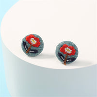 Silver-Plated & Red Floral Woven Stud Earrings