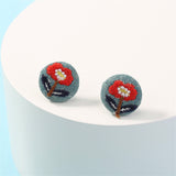 Silver-Plated & Red Floral Woven Stud Earrings