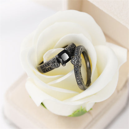 Black Crystal and Black Cubic Zirconia Heart Princess-Cut Ring and Pavé Band, jewelry gift sets for women, front view