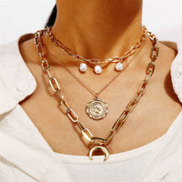 Imitation Pearl & Goldtone Coin Layer Necklace