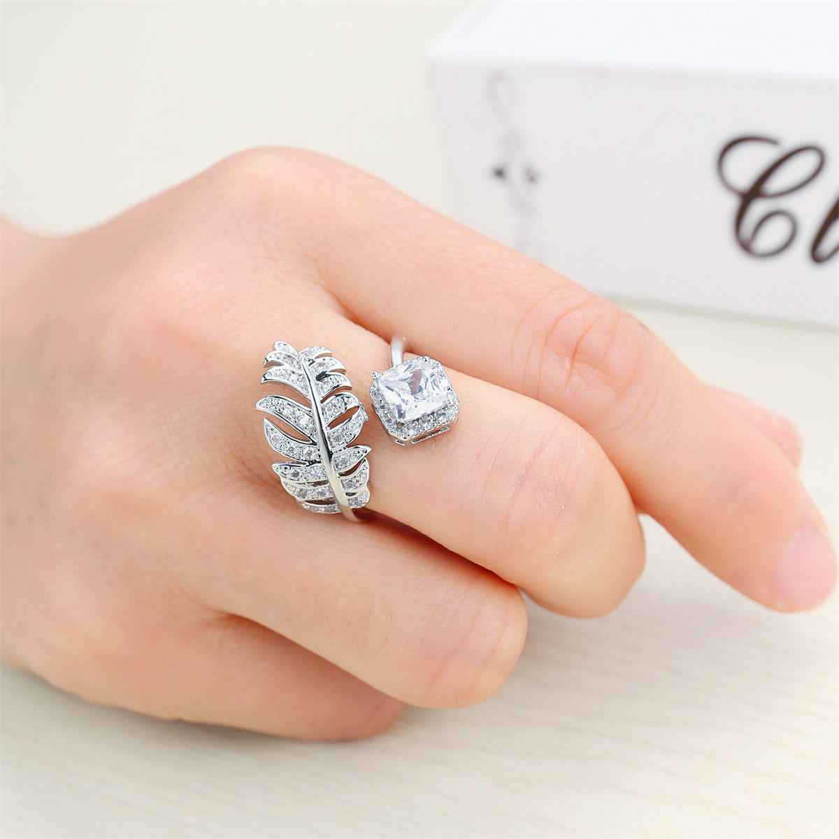 Crystal & Cubic Zirconia Silver-Plated Leaf Bypass Ring